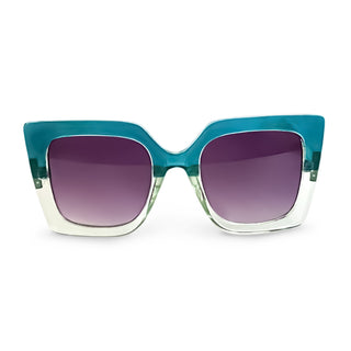 Sunglasses with a teal frame and grey purple lenses on a white background