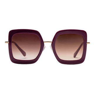 A pair of oversized sunglasses with a mulberry acetate frame and gold arms, displayed against a white background.