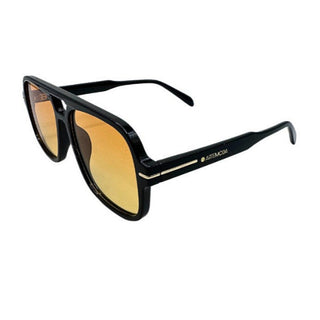 Black sunglasses with gold lenses on a white background