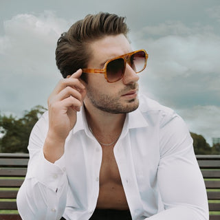 male model wearing double bridge sunglasses