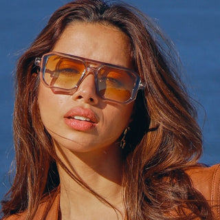 model wearing yellow lens sunglasses
