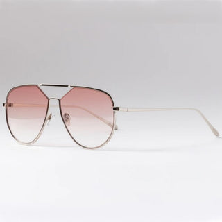 silver metal framed sunglasses with pink lenses