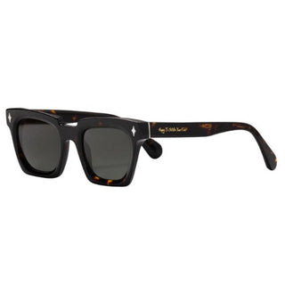 Sunglasses with tortoiseshell acetate frame and dark lenses on a white background
