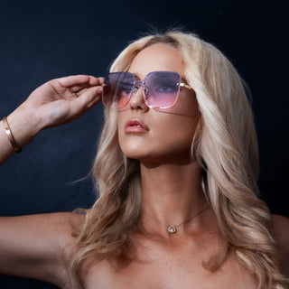 Female wearing pink shaded sunglasses