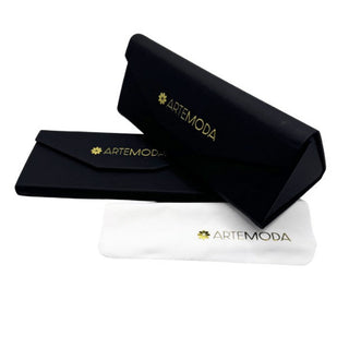 Black and white glasses cases with Artemoda logo on a white background