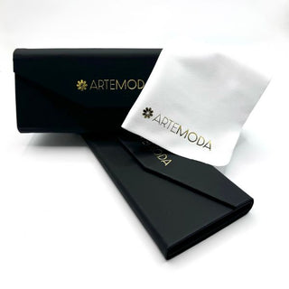Black fold up case and white pouch with 'Artemoda' branding on a white background