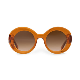 Orange round sunglasses with brown gradient lenses on a white background