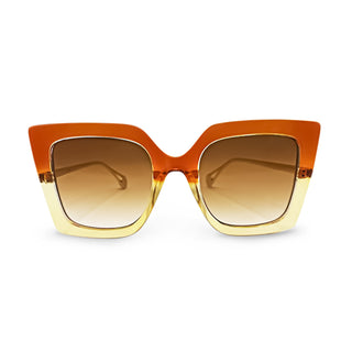 Sunglasses with orange and gold frame on a white background