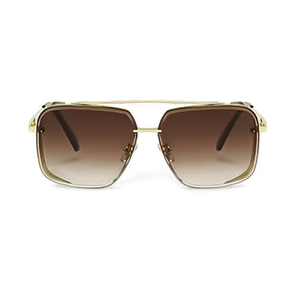 Gold-framed sunglasses with brown gradient lenses on a white background
