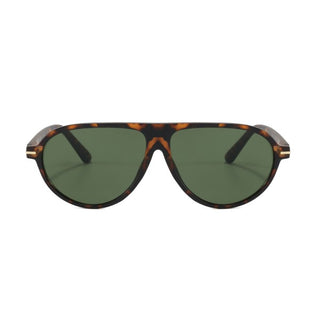 A pair of tortoise aviator sunglasses with green UV400 lenses.