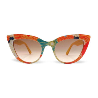 A pair of orange and multicolored oriental print cateye sunglasses with brown UV400 lenses.