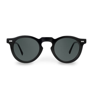Black sunglasses with dark lenses on a white background