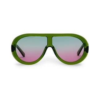 Sunglasses with green frame and gradient lenses on a white background