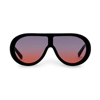 Black sunglasses with gradient red to blue lenses on a white background