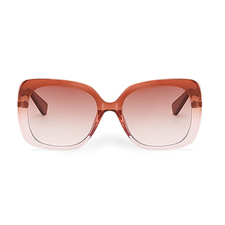 Sunglasses with a gradient pink lens on a white background