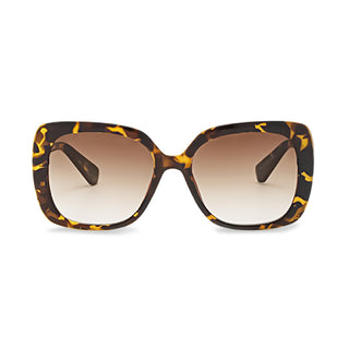 Sunglasses with tortoiseshell frame and gradient lenses on a white background