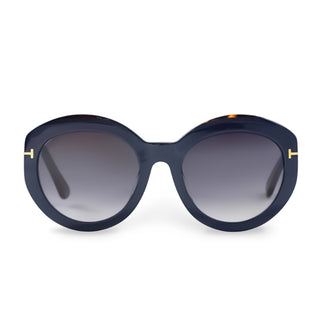 Sunglasses with dark blue frame and gradient lenses on a white background