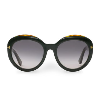 Dark green sunglasses with gold accents on a white background