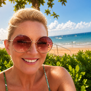 A smiling blonde woman outdoors by the beach, wearing oversized round sunglasses with a gold-tone frame and pink-tinted lenses. Green foliage and the ocean are visible in the background.