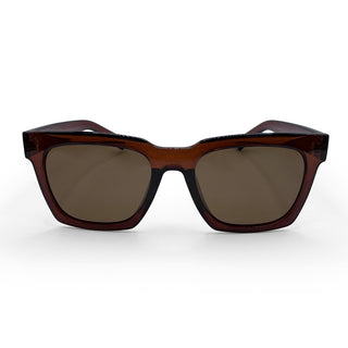 Brown sunglasses with dark lenses on a white background