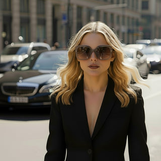 Woman wearing sunglasses and a black outfit on a city street