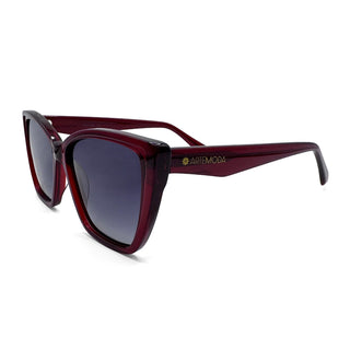 Red sunglasses with a brand logo on a white background