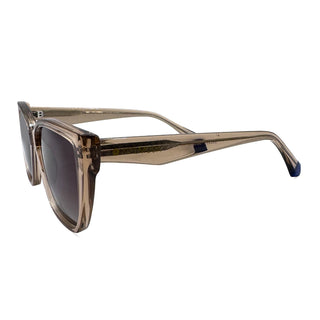 Sunglasses with a brown frame and dark lenses on a white background