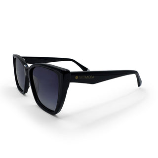 Black sunglasses with a visible brand logo on a white background