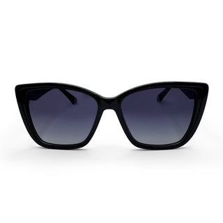 Black cat-eye sunglasses with dark lenses on a white background