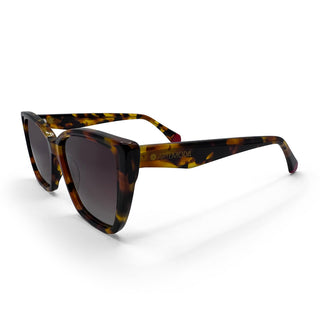 Tortoiseshell sunglasses with dark lenses on a white background