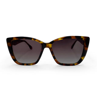 Sunglasses with tortoiseshell frame and dark lenses on a white background