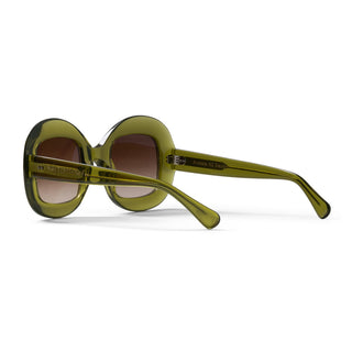 Green sunglasses with brown lenses on a white background