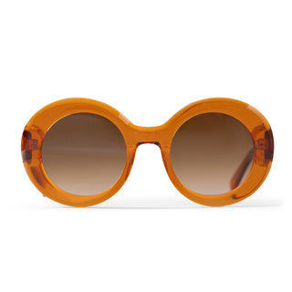 Round orange sunglasses with brown lenses on a white background