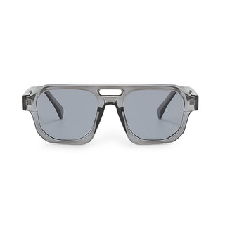 Sunglasses with a grey transparent frame and grey lenses on a white background