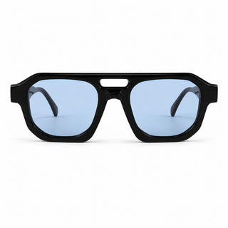 Black sunglasses with blue lenses on a white background