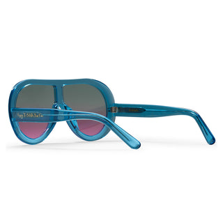 Blue sunglasses with pink lenses on a white background