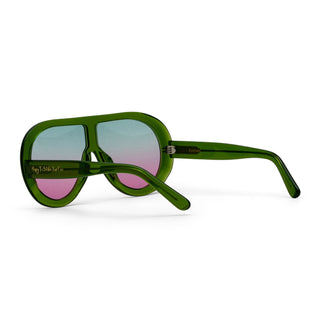 Green sunglasses with pink lenses on a white background