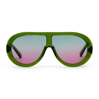 Green sunglasses with gradient lenses on a white background