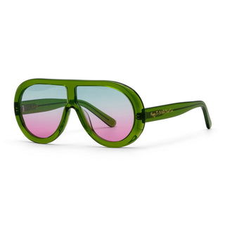 Green sunglasses with pink gradient lenses on a white background