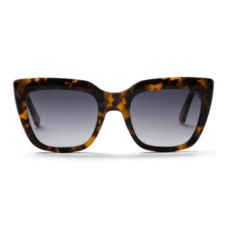 Tortoiseshell sunglasses with dark lenses on a white background