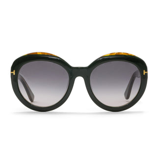 Sunglasses with dark green frame and gradient lenses on a white background