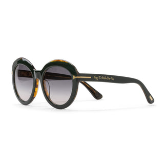 Sunglasses with a dark green frame and gradient lenses on a white background