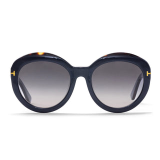 Sunglasses with dark blue frame and gradient lenses on a white background