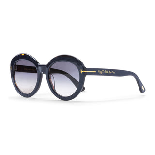 dark blue Sunglasses with a gold logo on a white background