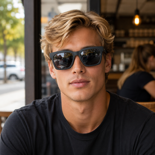 man in cafe wearing black sunglasses