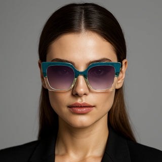 Woman wearing a stylish black blazer with teal sunglasses against a grey background