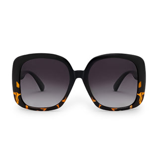 Black sunglasses with orange accents on a white background