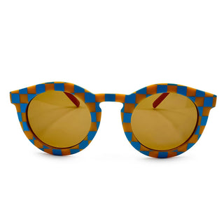 Childrens Sunglasses with a blue and orange checkered frame on a white background