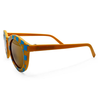 Sunglasses with orange frame and blue accents on a white background
