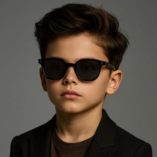 child wear black sunglasses
